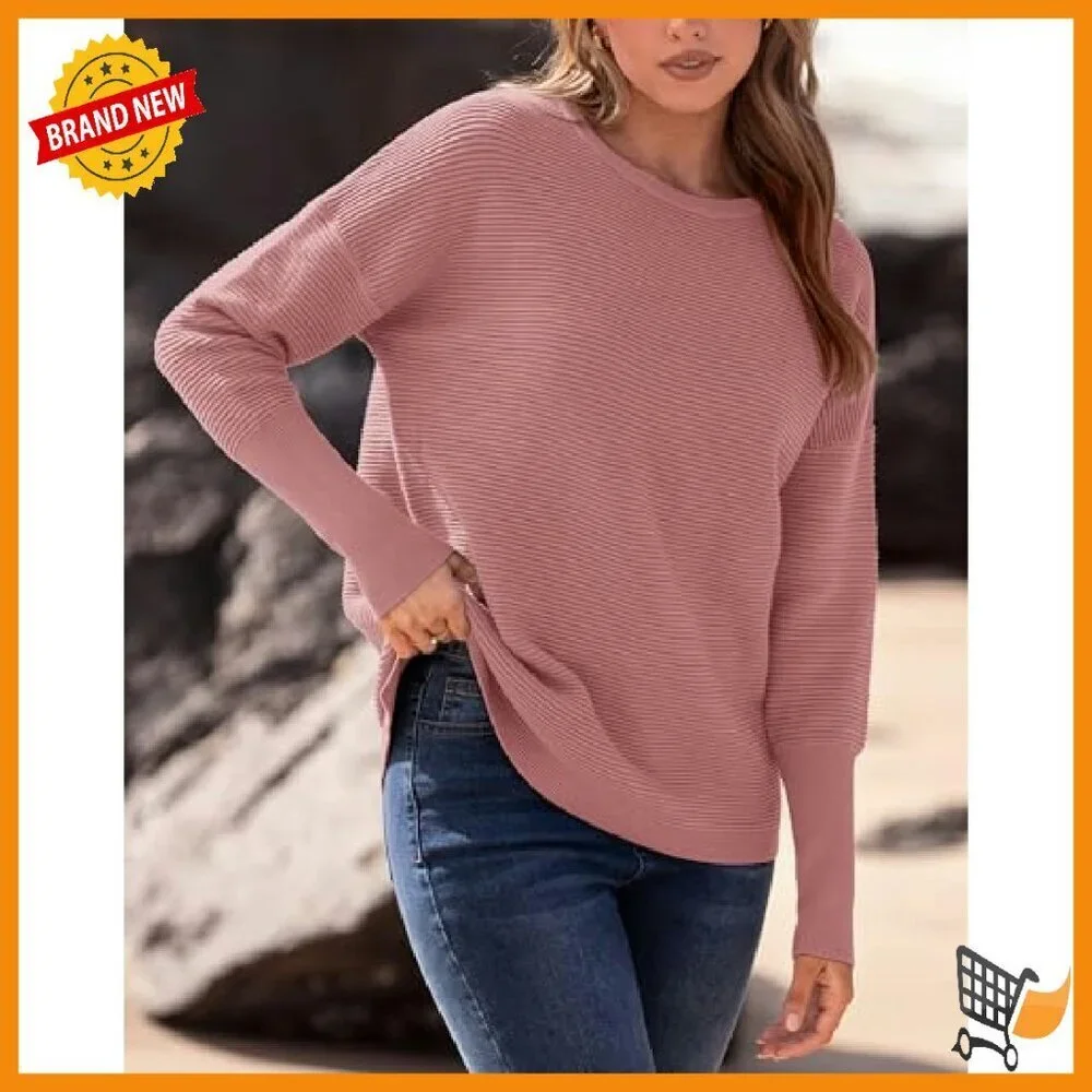 Cozy Ribbed Knit Pullover Sweater Loose Fit Batwing Sleeves Side Slits